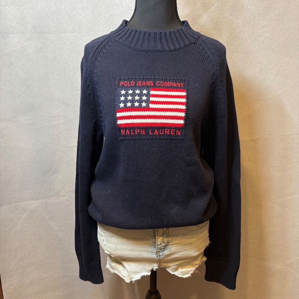 Polo Jeans Co Ralph Lauren American Flag Navy Blue Knit Sweater Large RN67437